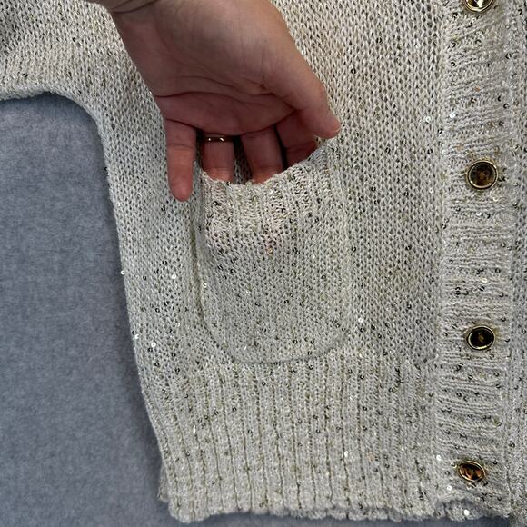 Jennifer Lopez Sweater Womens Medium Cream Sequins Cardigan Short Sleeve V-Neck - Picture 2 of 10
